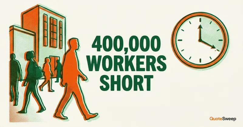 Insurance talent shortage infographic showing 400,000 worker deficit with departing workforce illustration