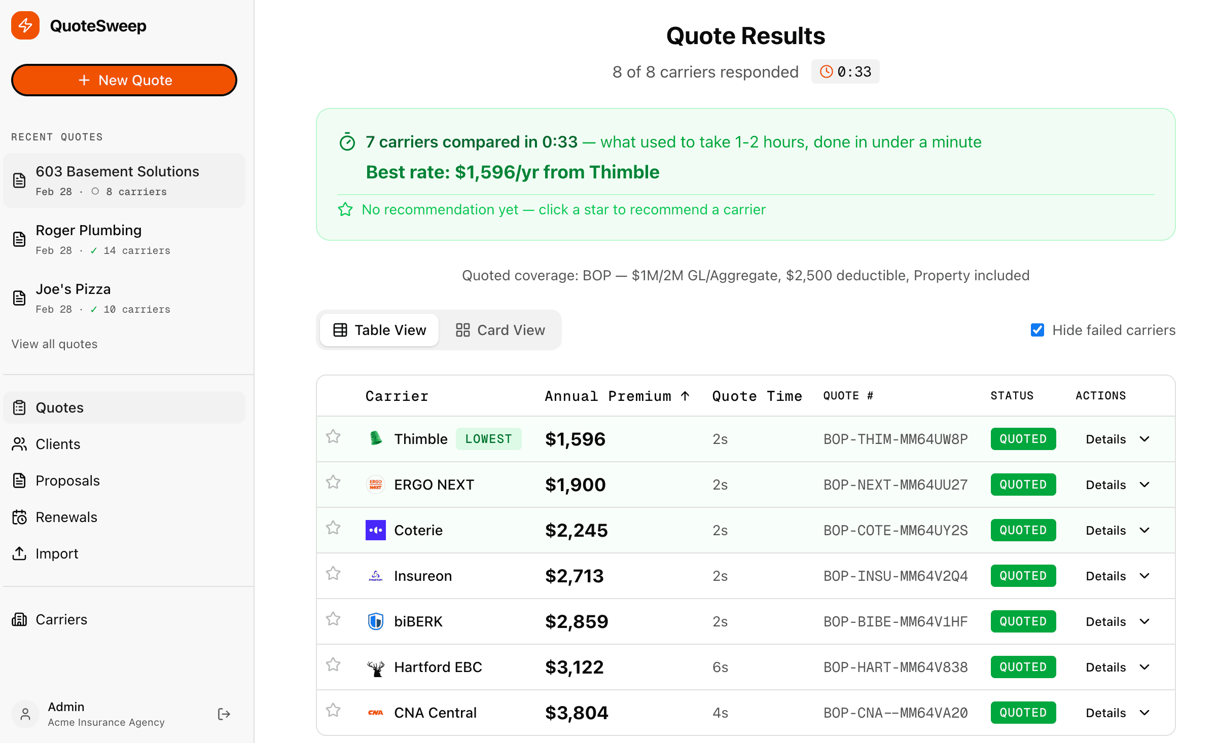 QuoteSweep product dashboard showing multi-carrier quoting