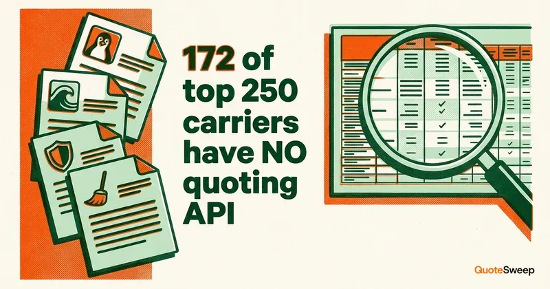 Risograph illustration comparing commercial insurance comparative raters with stat about carrier API gaps.