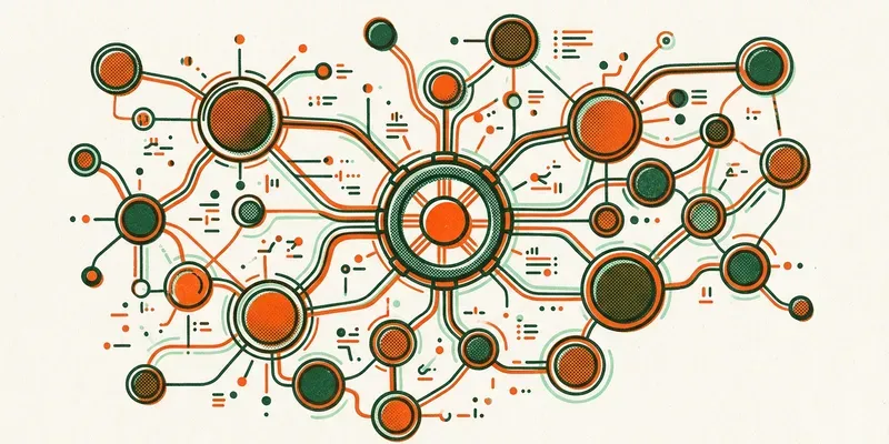 Network nodes connected by flowing data lines in risograph print style