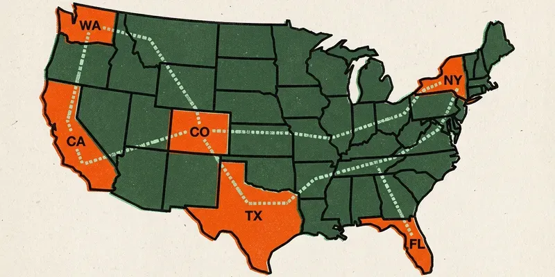 Stylized US map with highlighted states connected by dotted lines